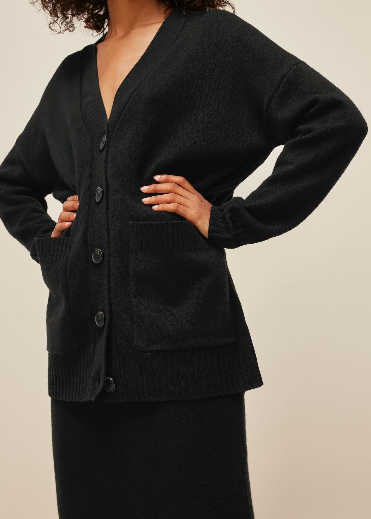 Long Line Pocket Wool Cardigan 32168 Black